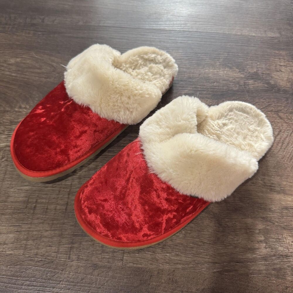 LAMO Slippers Womens Size XL Red Velvet Faux‎ Fur Lined Mule Christmas Holiday